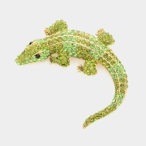 Green Crocodile Alligator Pave Crystal Bling 4" Brooch Pin Rhinestone